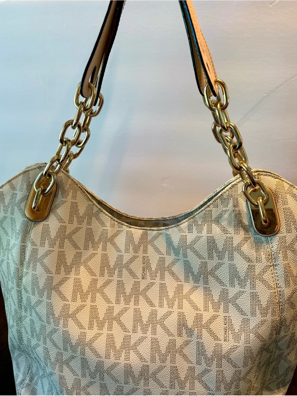 Michael Kors Beige MK Logo Tote with Gold Hardware